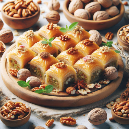 Traditional turkish dessert baklava with cashew, walnuts. toning. selective focusの素材