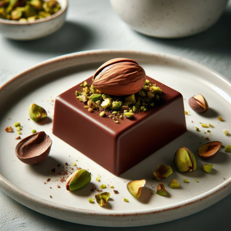 Chocolate candies with pistachios and nuts on a plateの素材