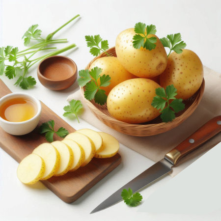 Fresh potatoes in a basket with parsley and honey on a white backgroundの素材