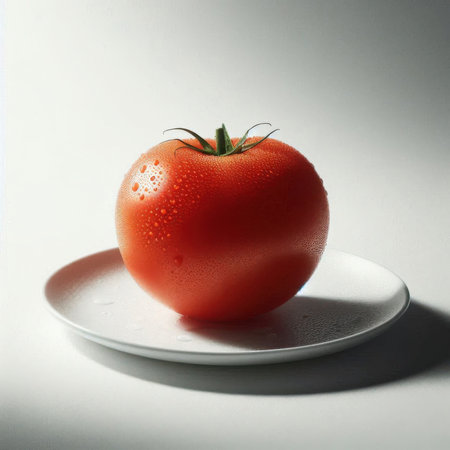 Tomato on a white plate with water droplets on a white backgroundの素材