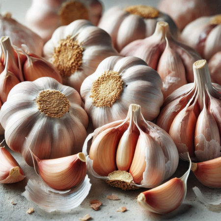Garlic Cloves and Garlic Bulbs on a Grey Backgroundの素材