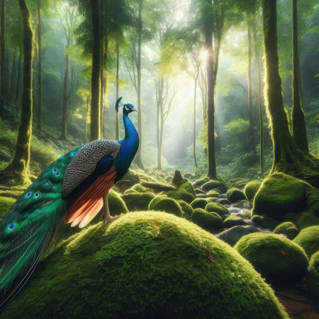 Beautiful peacock in the forest,3d rendering. Computer digital drawing.の素材