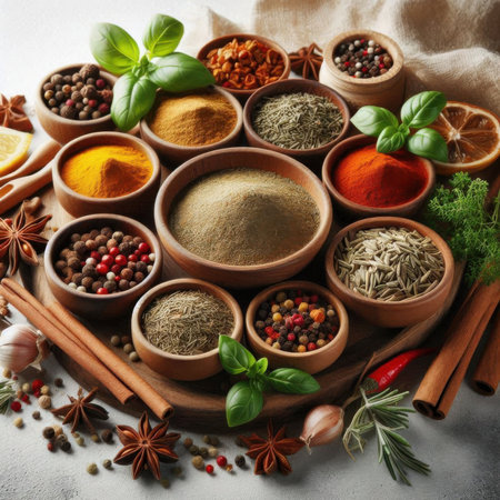 Spices and herbs in wooden bowls on grey table, closeupの素材