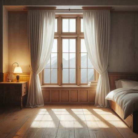 Interior of a bedroom with a large window and a wooden bedの素材