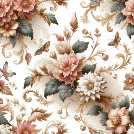 Seamless floral pattern with dahlias, leaves and butterfliesの素材