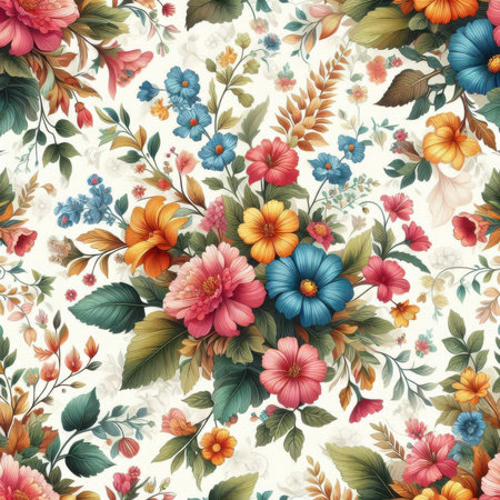 Seamless pattern with colorful flowers. Hand drawn floral background.の素材