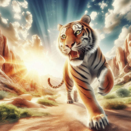 Siberian tiger walking in the desert. 3D illustration.の素材