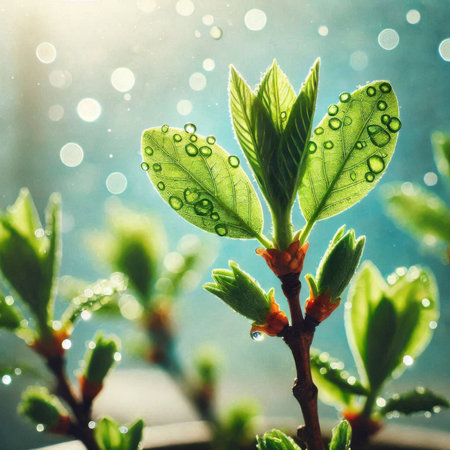 Fresh green leaves with water drops on blurred background. Spring concept.の素材