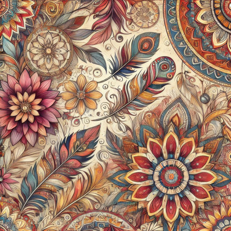 Seamless pattern with colorful feathers and flowers on a beige backgroundの素材