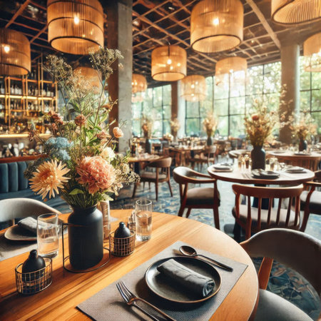 Interior of modern restaurant with wooden tables and chairs, retro tonedの素材