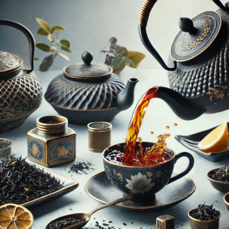 Tea ceremony. Teapot, cups and teacups with tea leaves on a gray background.の素材