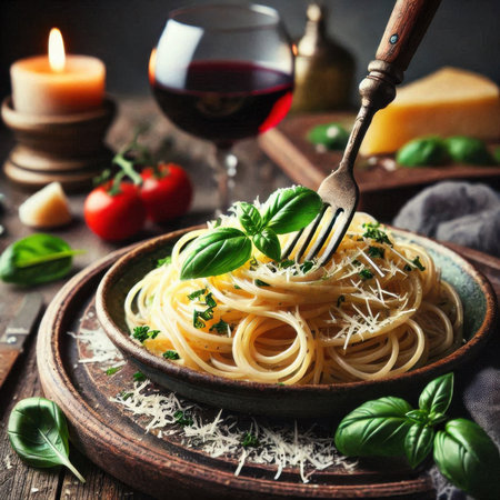 Spaghetti pasta with basil and parmesan cheese on wooden backgroundの素材