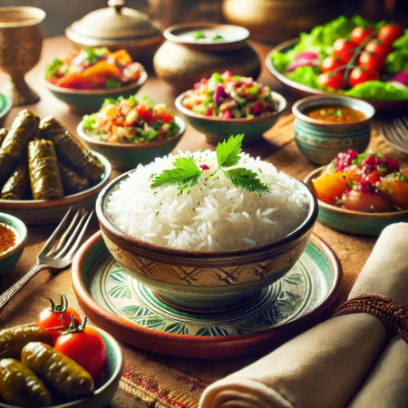 Traditional mexican food with rice and vegetables on wooden background.の素材