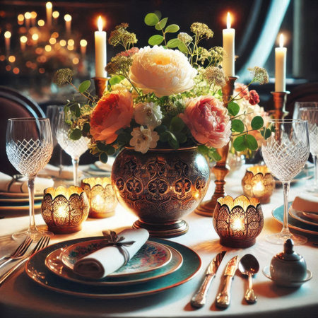 Beautiful table setting with flowers and candles. Vintage toned imageの素材