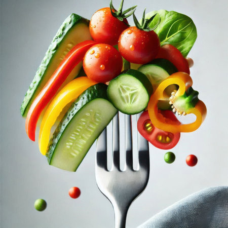 Fresh vegetables on a fork with water drops. Healthy food concept.の素材