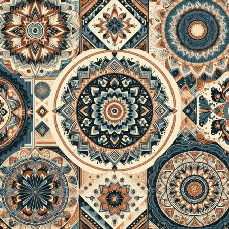 Ethnic floral seamless pattern. Abstract kaleidoscope fabric design textureの素材