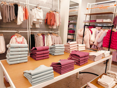 Fashionable clothes on display at a store in Milan.の写真素材