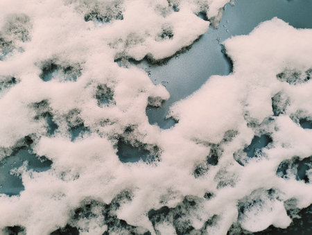 Snow on the surface of the water. Winter background. Toned.