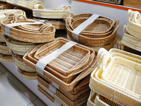 Wicker baskets in a supermarket. Shallow depth of field.の写真素材