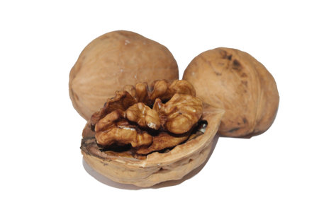 Walnuts isolated on a white background. Close-up image.の写真素材