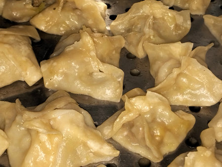 Fried dumplings on a baking sheet, closeup of photoの写真素材