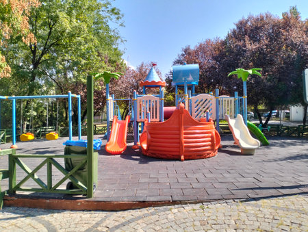 Playground in the city park on a sunny summer day. Russiaの写真素材