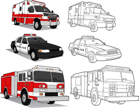 AMBULANCE, POLICE CAR, FIRE ENGINEのイラスト素材