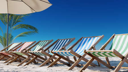 tropical beach with sunbed and parasol , 3dの写真素材