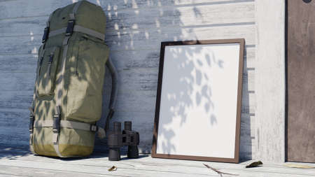 photo frame mockup with tour luggage in front of cabin