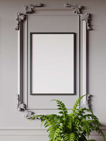 classic ornament wall pattern photo frame mockup, 3d rendering