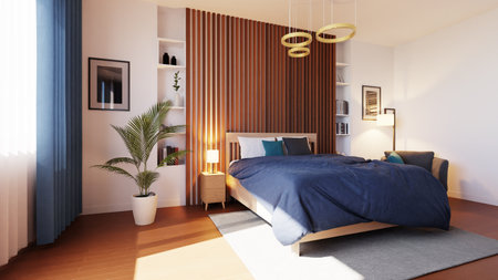 white wall and wood material bedroom interiorの写真素材