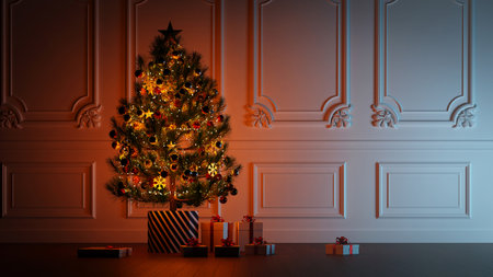 Christmas tree with yellow lights in dark living roomの写真素材
