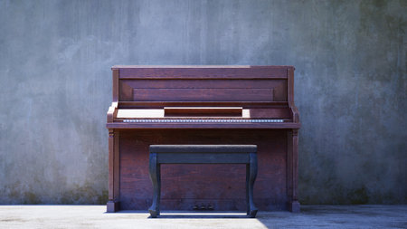 Old piano in front of an outdoor concrete wall, 3d rendering