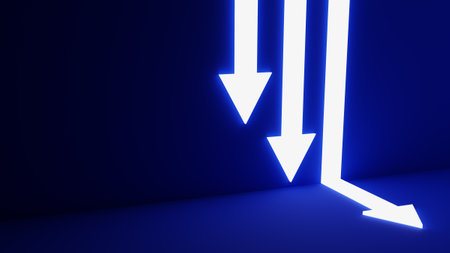 Three white arrows pointing down with a blue backgroundの写真素材