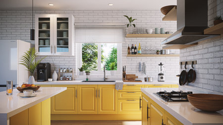 Yellow kitchen furniture and white brick wall interior, 3d renderingの写真素材