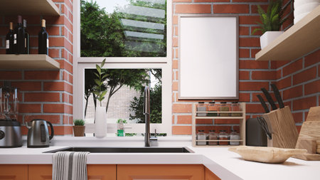 blank picture frame mock up in kitchen interior, 3d renderingの写真素材