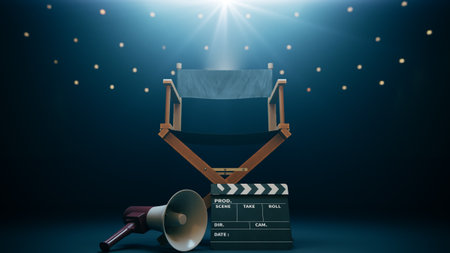 Film director's chair with light coming down from behind, megaphone and slate, 3d renderingの写真素材
