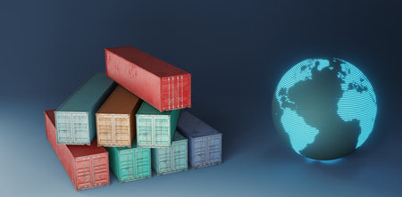shipping containers and global earth sphere background, 3d rendering