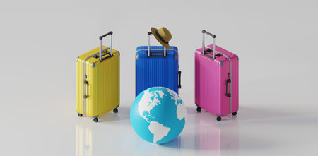 white sphere earth and three tour luggage background, 3d renderingの写真素材