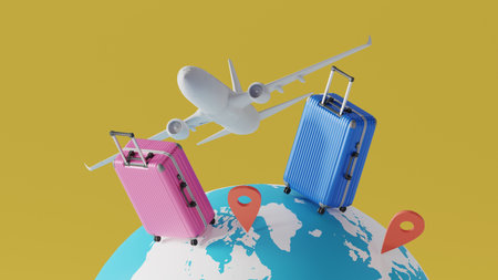3d sphere earth and tour luggage background, 3d renderingの写真素材
