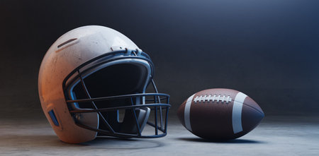 white football helmet and football ball background, 3d renderingの写真素材