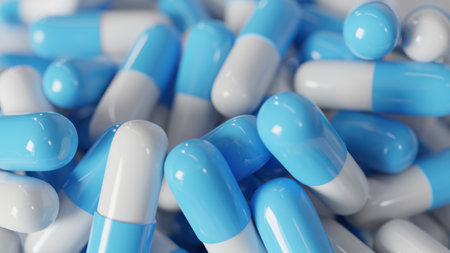 many pills close up blue color background, 3d rendering