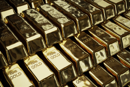 many gold bars close up back ground, 3d renderingの写真素材