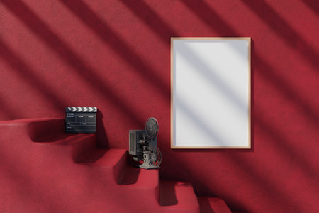 movie poster mockup on red wall, 3d renderingの写真素材