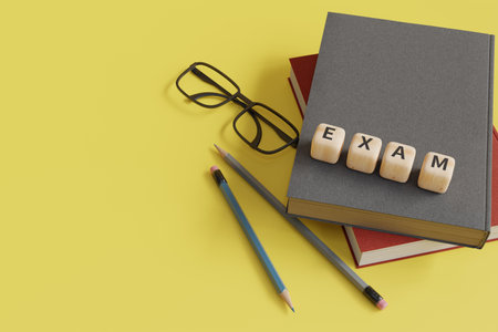 books and pencil with exam text background, 3d rendering