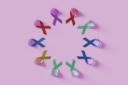 world cancer day colorful ribbon circle array background, 3d renderingの写真素材