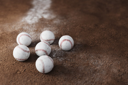 Baseball ball and powder on a baseball fieldの写真素材