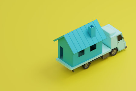 Background with furniture and house beside a moving truck for house moving, 3d renderingの素材 [FY310198074391]