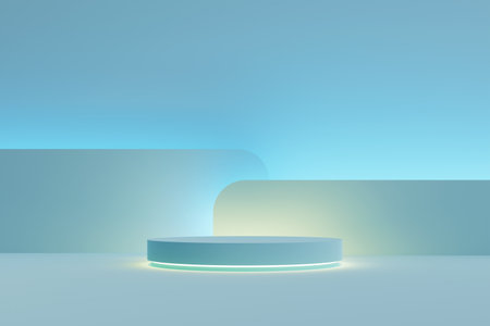 A simple podium stage with a solid blue color and neon lights, 3d renderingの写真素材