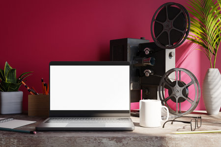 A blank laptop screen with a movie projector is in front of a magenta wall, 3d renderingの写真素材